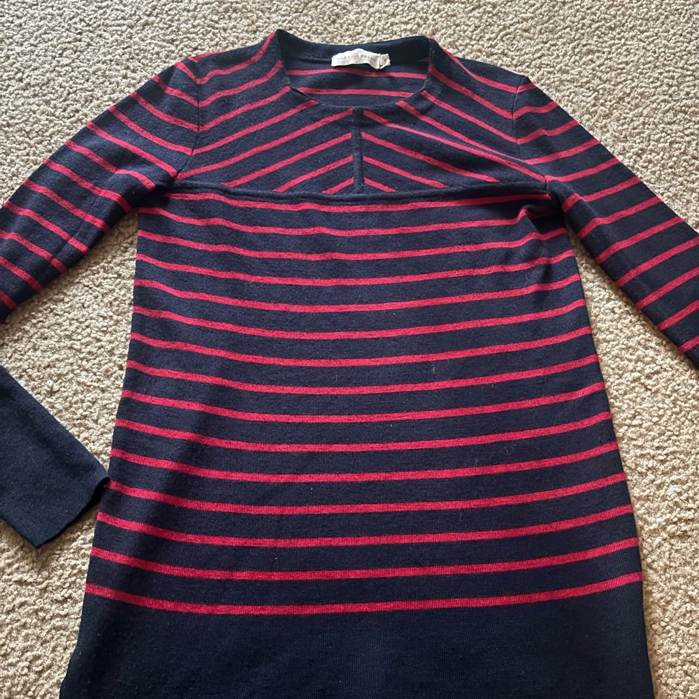 Tory Burch 100% Merino Wool Striped Sweater Tunic Size XS Navy Red Nautical